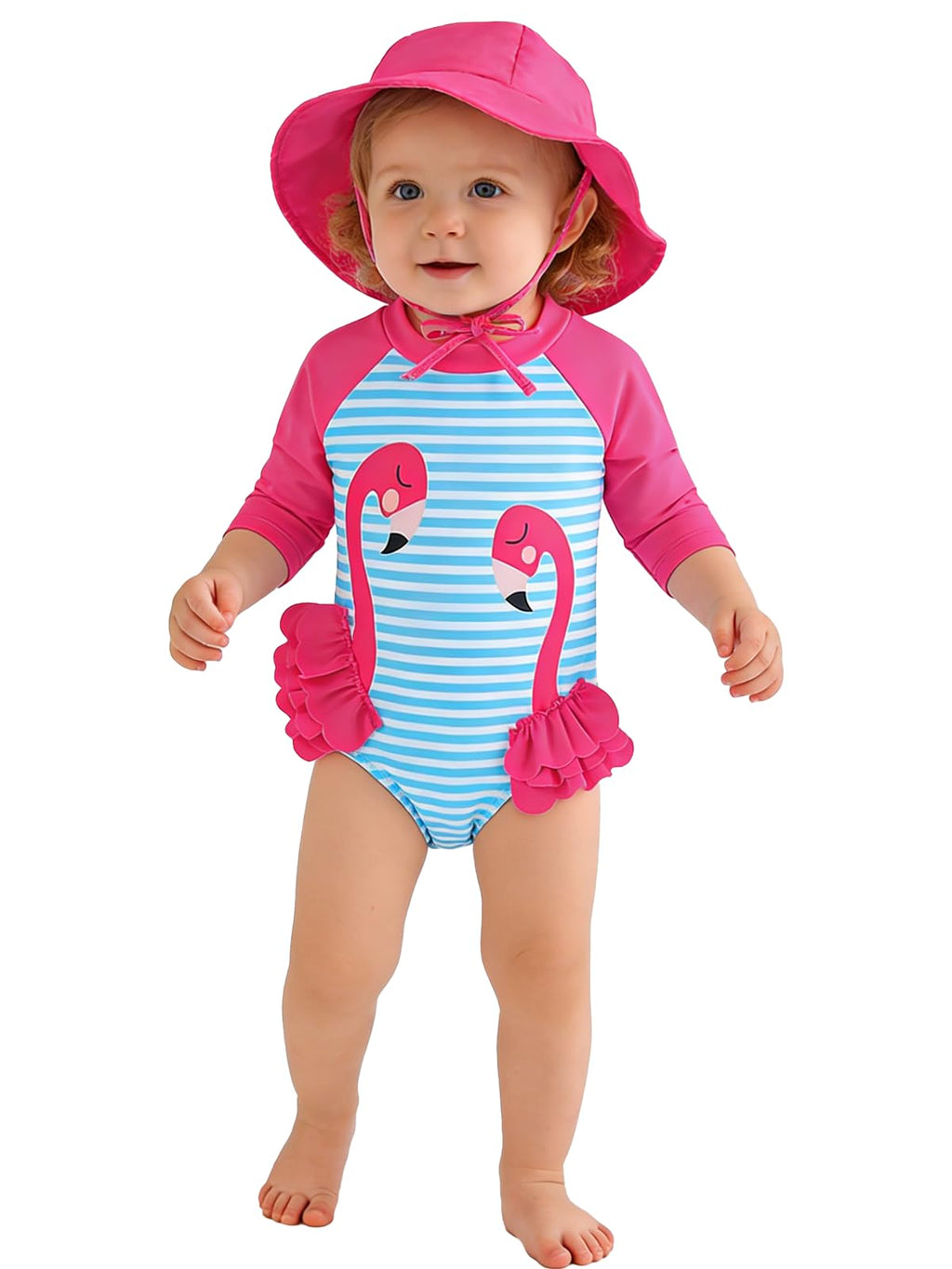 WOLBAY Baby Girl Swimsuit Long Sleeve One Piece Rash Guard with Sun Hat Zipper Bathing Suit 0-2T 12-18 Months, Flamingo