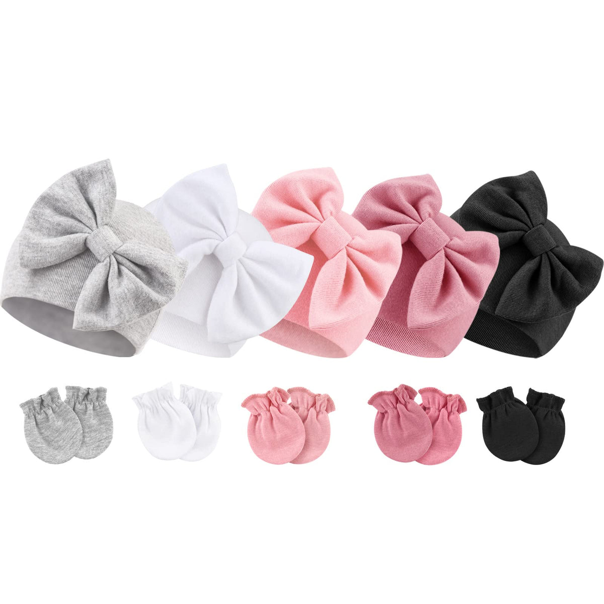 BQUBO Newborn Baby Girls Hats Mittens Set Hospital Hat Beanie Infant Bow Hats Baby Cotton Gloves No Scratch Mittens for 0-6 Months