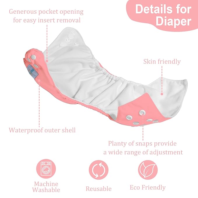 babygoal Baby Girl Cloth Diapers 6 Pack with 6pcs Inserts and Wet Bag, Reusable Waterproof Diaper Covers for Toddlers with Snap Closure