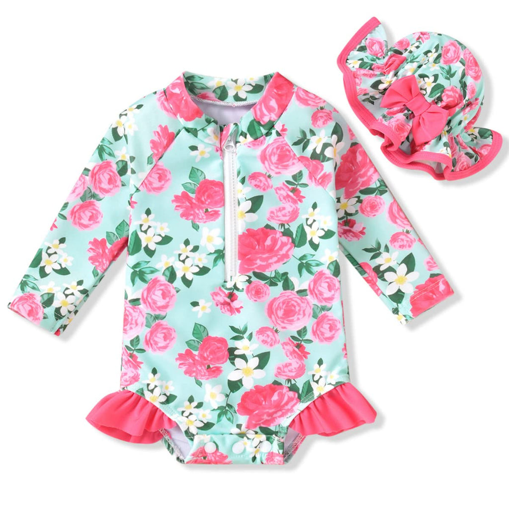 Toddler Baby Girls One Piece Long Sleeve Swimsuit Floral Bathing Suit Zip Up Swimwear Beach Wear 12-18 Months Flower