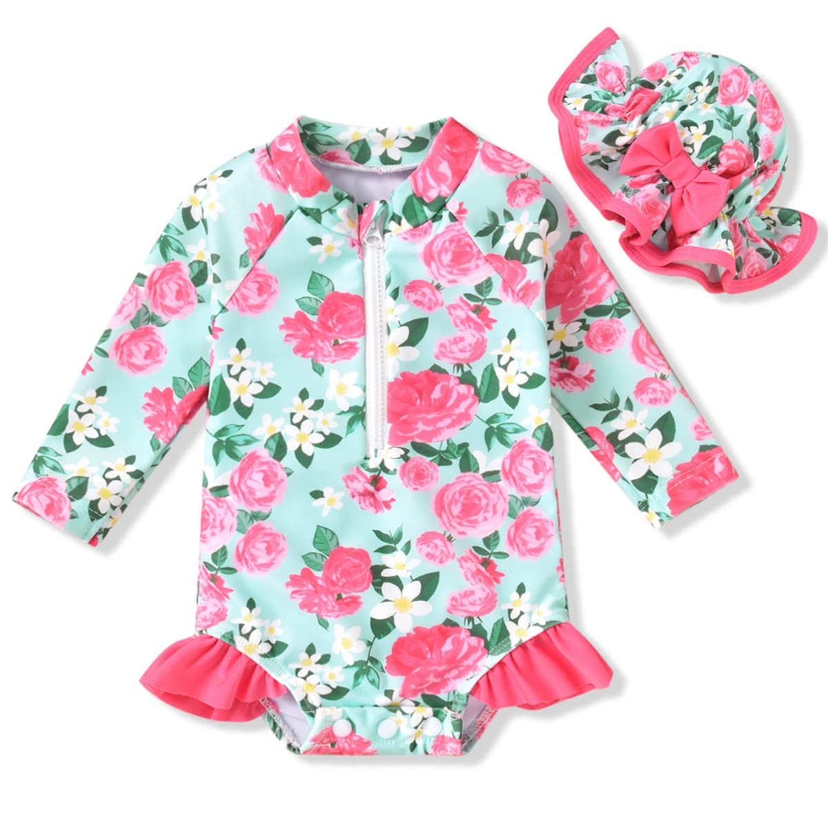 Toddler Baby Girls One Piece Long Sleeve Swimsuit Floral Bathing Suit Zip Up Swimwear Beach Wear 12-18 Months Flower
