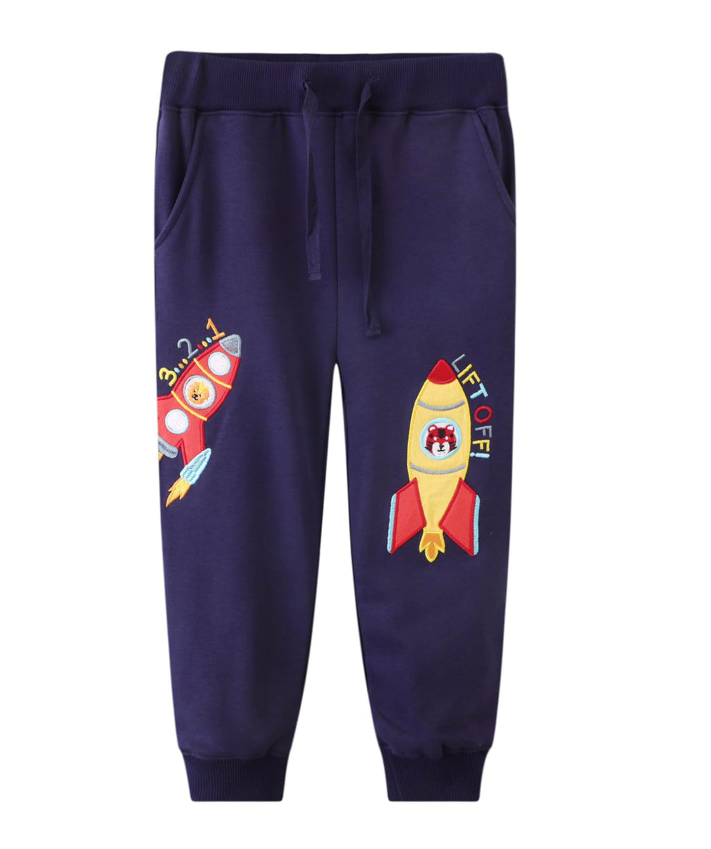 LOKTARC 2 Pack Toddler Boys Pants Drawstring Sweatpants Kids Active Cotton Jogger Pants Navy Excavator + Rocket 4-5Years