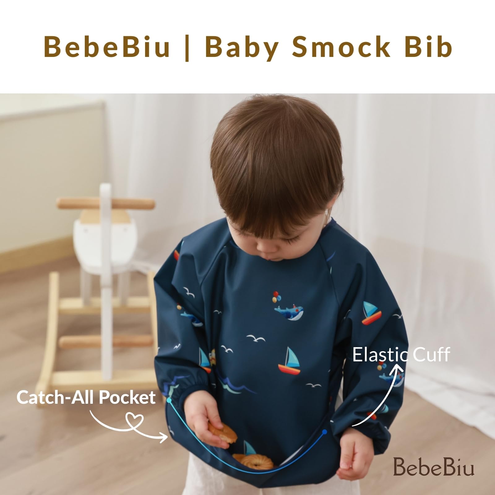BebeBiu Long Sleeve Baby Bib, Waterproof Fabric, Full Coverage with Catch-All Pocket, Baby Smock Bib, Adjustable Sleeves Toddler bib for Ages 6-24 Months (Bows Blush, Small 6-24 Months)