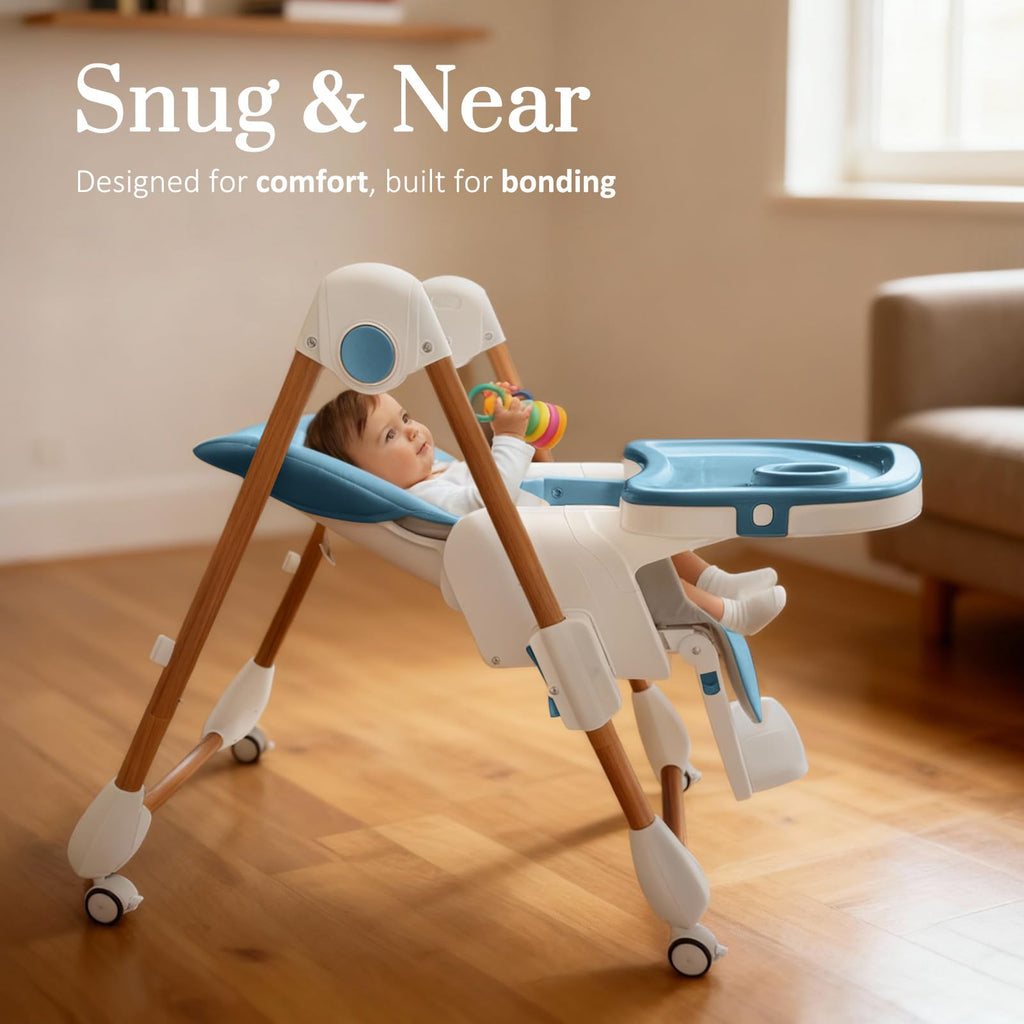 Foldable High Chairs for Babies and Toddlers, 3-in-1 Convertible Baby High Chair with Removable Soft Cushion and Tray, Adjustable Height & Recline, Lockable Wheels, Dark Blue