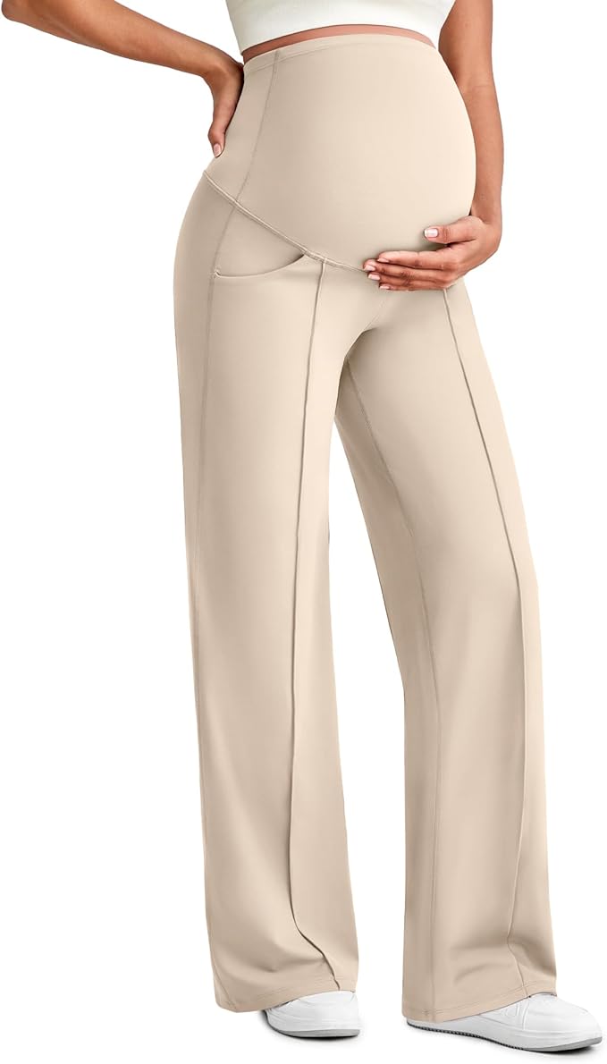 G4Free Maternity Dress Yoga Pants with Pockets Over The Belly Stretchy Work Slack Pregnancy Wide Leg Lounge Trousers