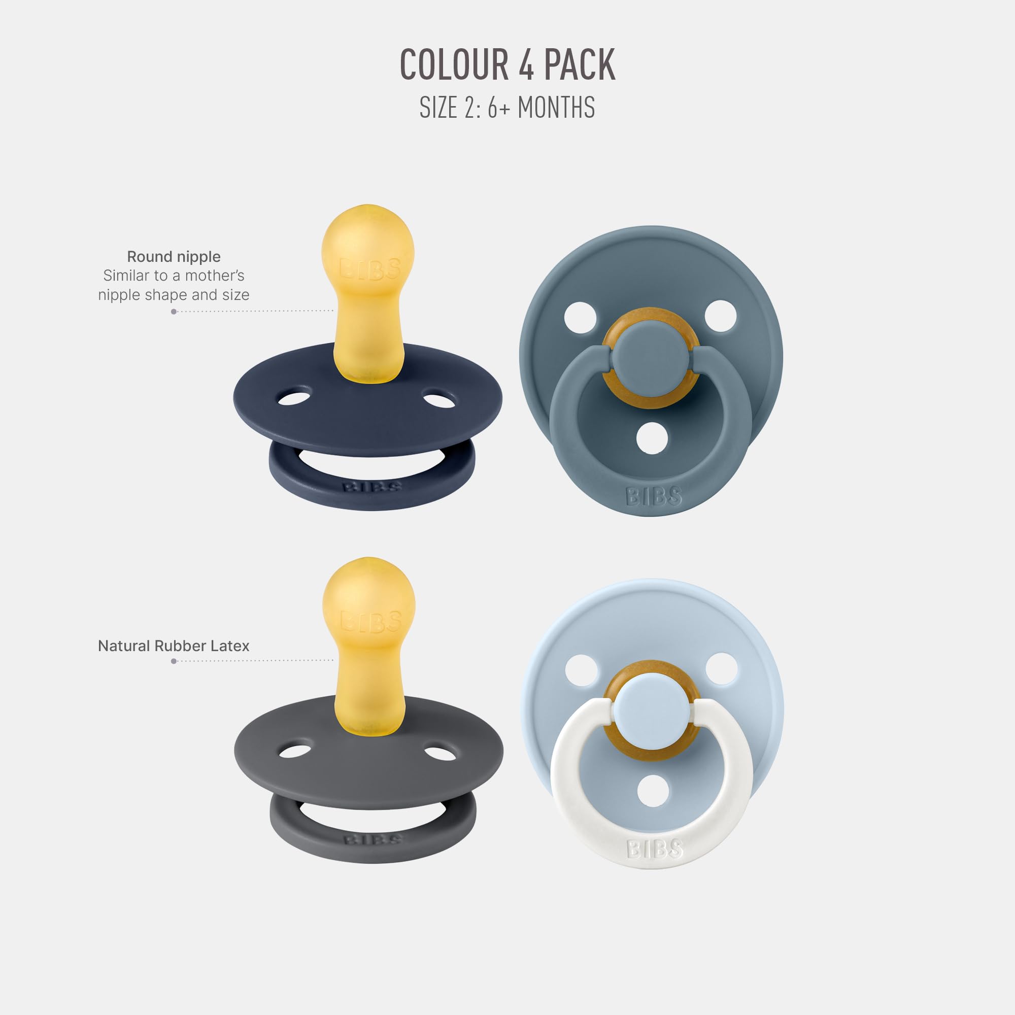 BIBS Colour Soother 4-Pack | BPA Free Dummy Pacifier | Round Nipple | Natural Rubber Latex | Made in Denmark | Size 6-18 Months | Petrol Glow Mix