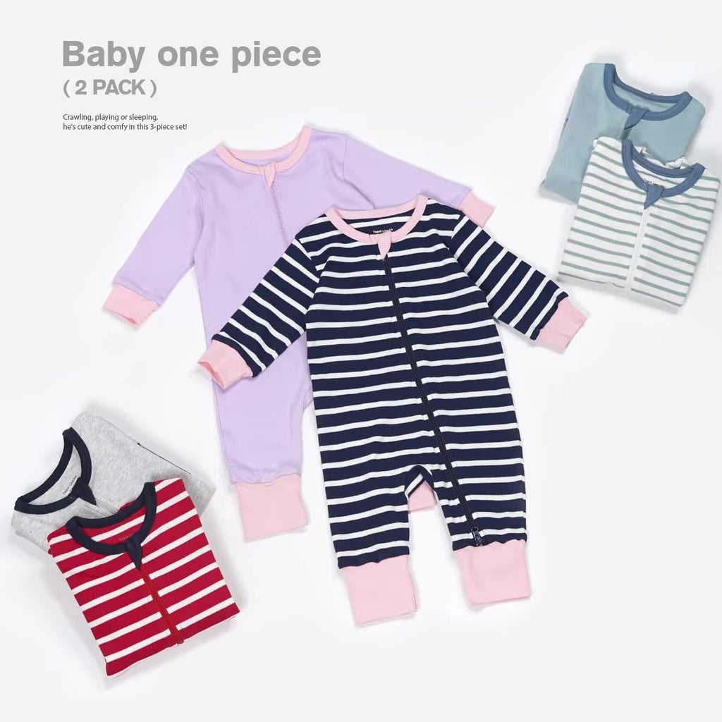 Teach Leanbh Toddler Baby Boys Girls 2-Pack Pajamas Cotton 2 Way Zipper Long Sleeve Footless Romper Sleep and Play (Grey+Red Stripe, 3-6 Months)