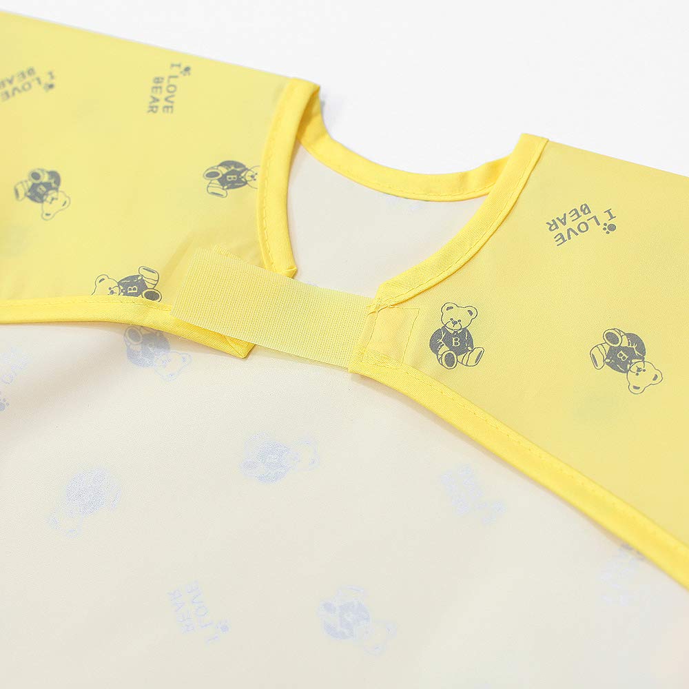 Plie Short Sleeve Waterproof Bib for Toddlers – Easy Clean Feeding Apron for Mealtime, Daycare, Self-Feeding & Messy Play, Lightweight BPA-Free Baby Bib (6–24 Months) - Yellow Bear