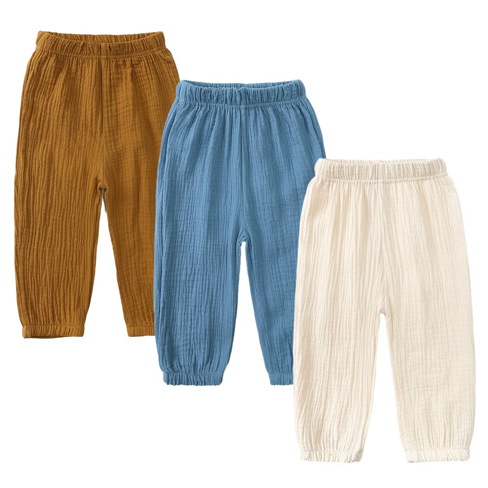 MYGBCPJS Baby Boys Girls 3 Pack Cotton Linen Long Bloomers Ankle Length Trousers Kids Lightweight Elastic Waist Harem Pants