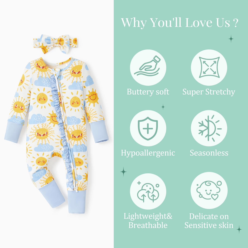 PATPAT Baby Girl Infant Clothes Footie – Soft Viscose from Bamboo, Stretch Feel – 2-Way Ruffled Zipper, Fold-Over Mittens & Cuffs Pink Flower 6-9 Months