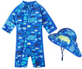 Toddler Baby Boys Swimsuit Rashguard One Piece Zipper Bathing Suit with Sun Hat Infant Swimwear Sunsuit UPF 50+（Ocean，12-18 Months）