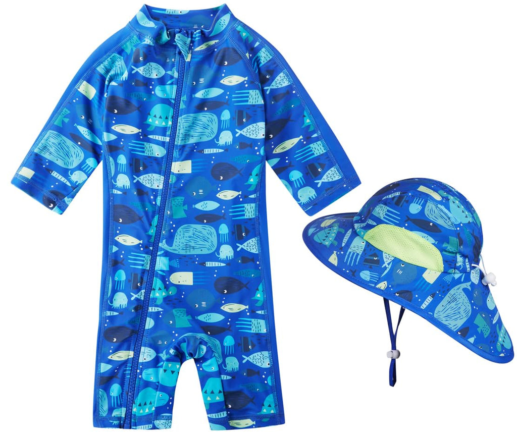 Toddler Baby Boys Swimsuit Rashguard One Piece Zipper Bathing Suit with Sun Hat Infant Swimwear Sunsuit UPF 50+（Ocean，12-18 Months）