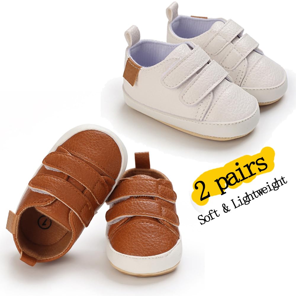 eitwo 2Pairs Baby Shoes,Boys Girls Non-Slip Rubber Sole Sneakers,Unisex Infant Soft Lightweight First Walking Crib Shoes (2Pairs_White+Brown,3-6 Months)