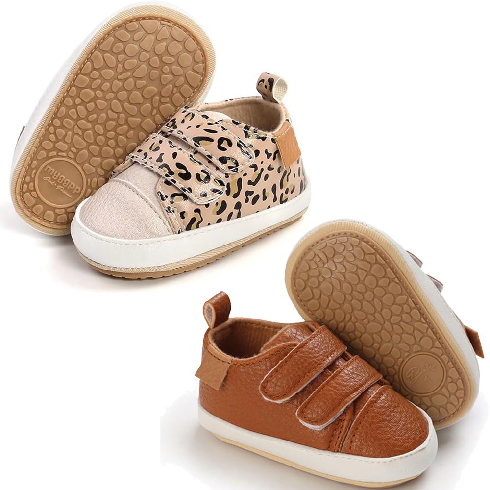 eitwo 2Pairs Baby Shoes,Boys Girls Non-Slip Rubber Sole Sneakers,Unisex Infant Soft Lightweight First Walking Crib Shoes (2Pairs_Brown+Leopard,3-6 Months)