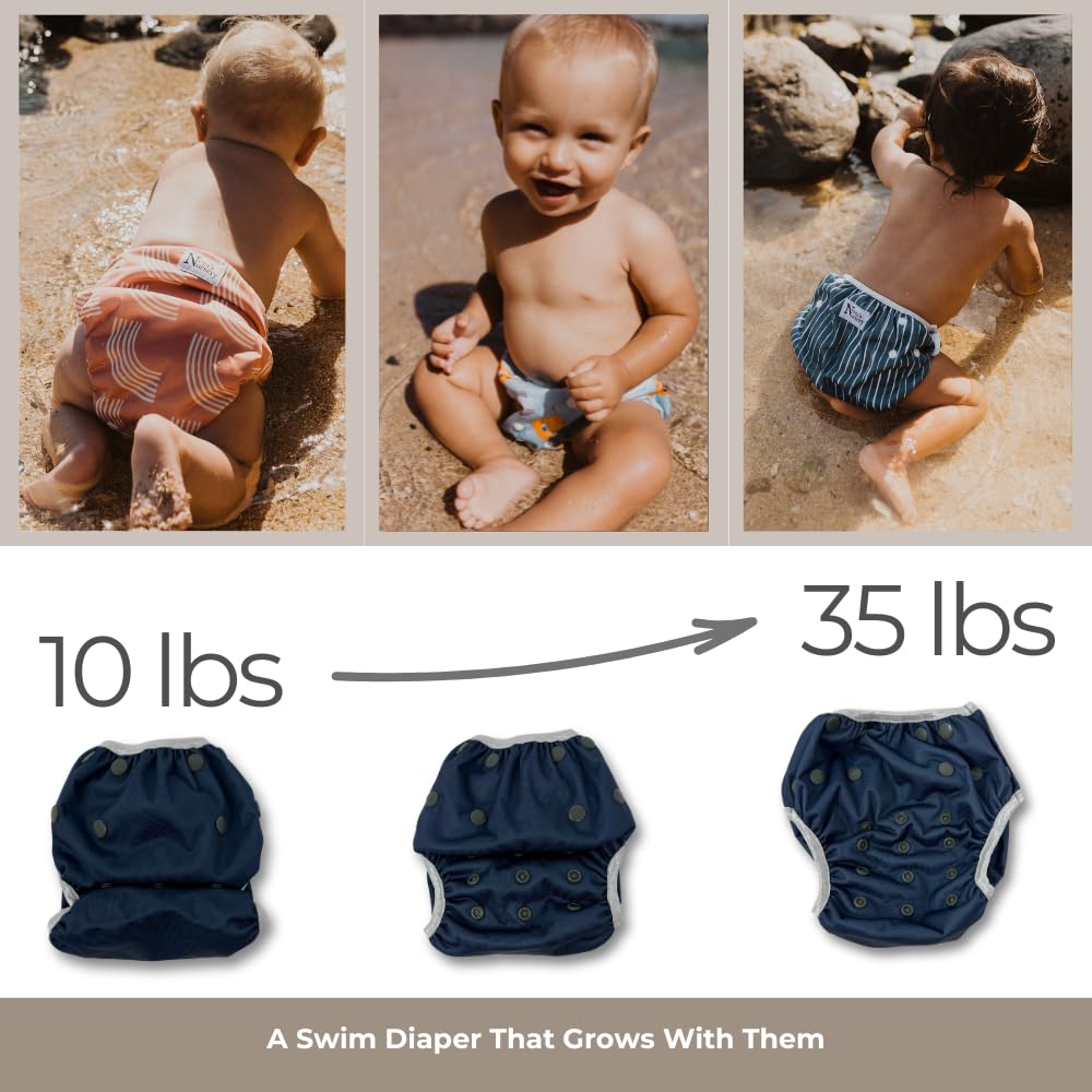 Nora's Nursery Reusable Swim Diapers and Wet Bag - One Size Fully Adjustable - Seaside Unisex 3 Pack with Wet Bag