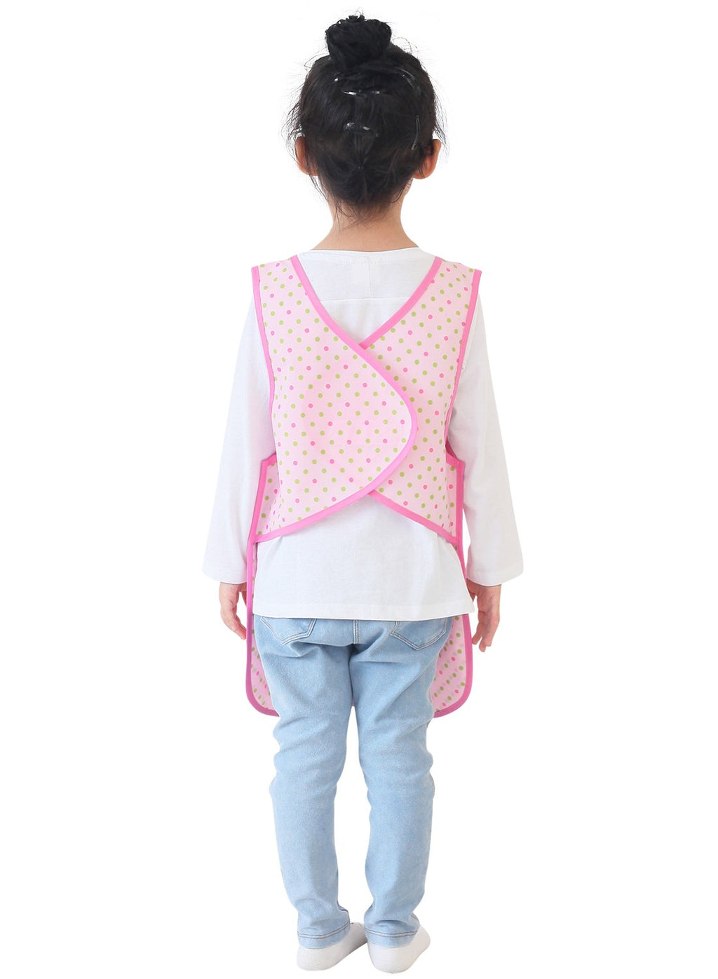 Plie Kids Painting Apron – Waterproof Art Smock for Toddlers & Preschoolers, Messy Play, Baking, Crafts, Cooking, Sensory Activities, Mealtime (Ages 1–10), Pink&Green Dot (29-XL)