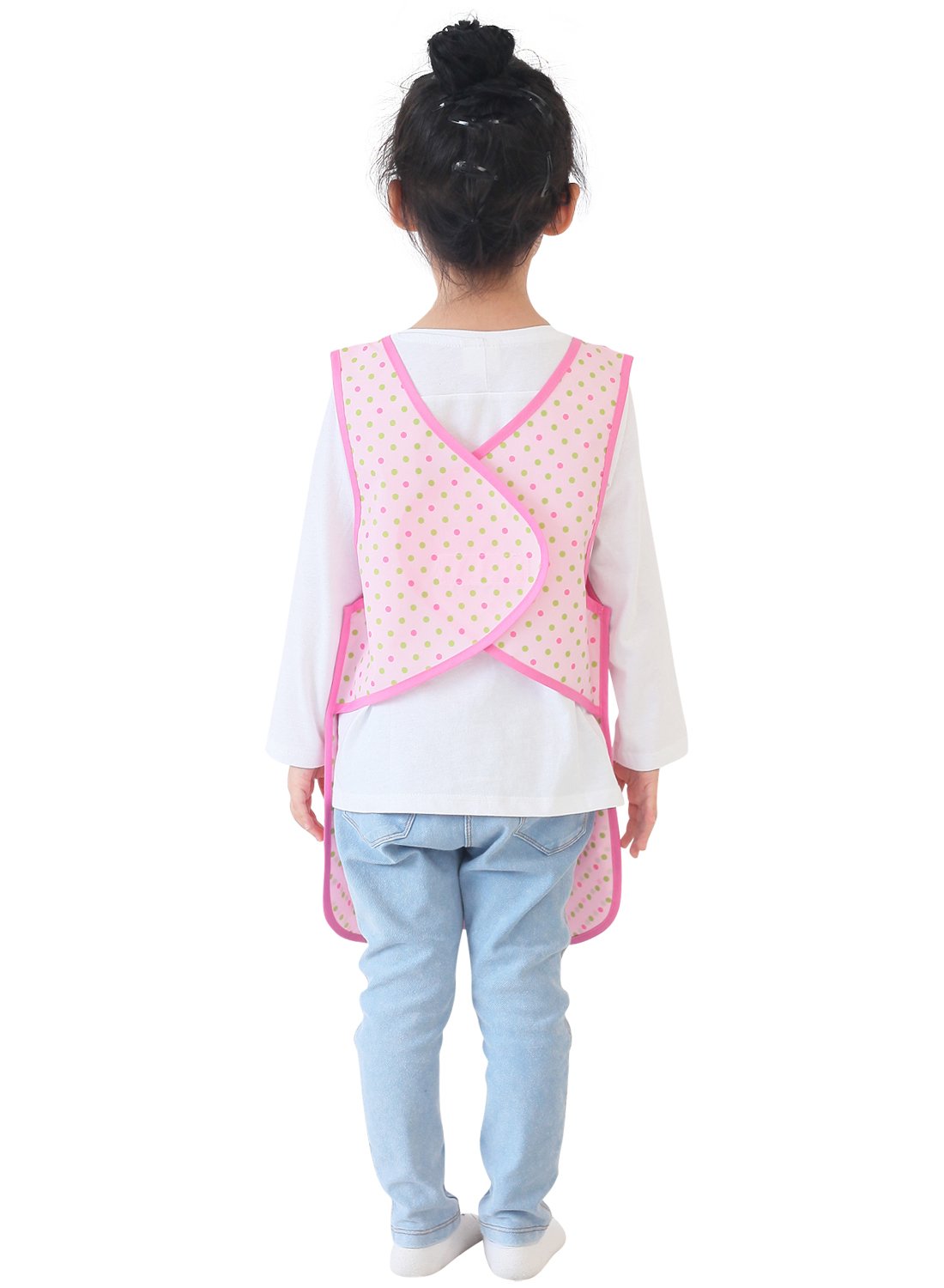 Plie Kids Painting Apron – Waterproof Art Smock for Toddlers & Preschoolers, Messy Play, Baking, Crafts, Cooking, Sensory Activities, Mealtime (Ages 1–10), Pink&Green Dot (29-XL)