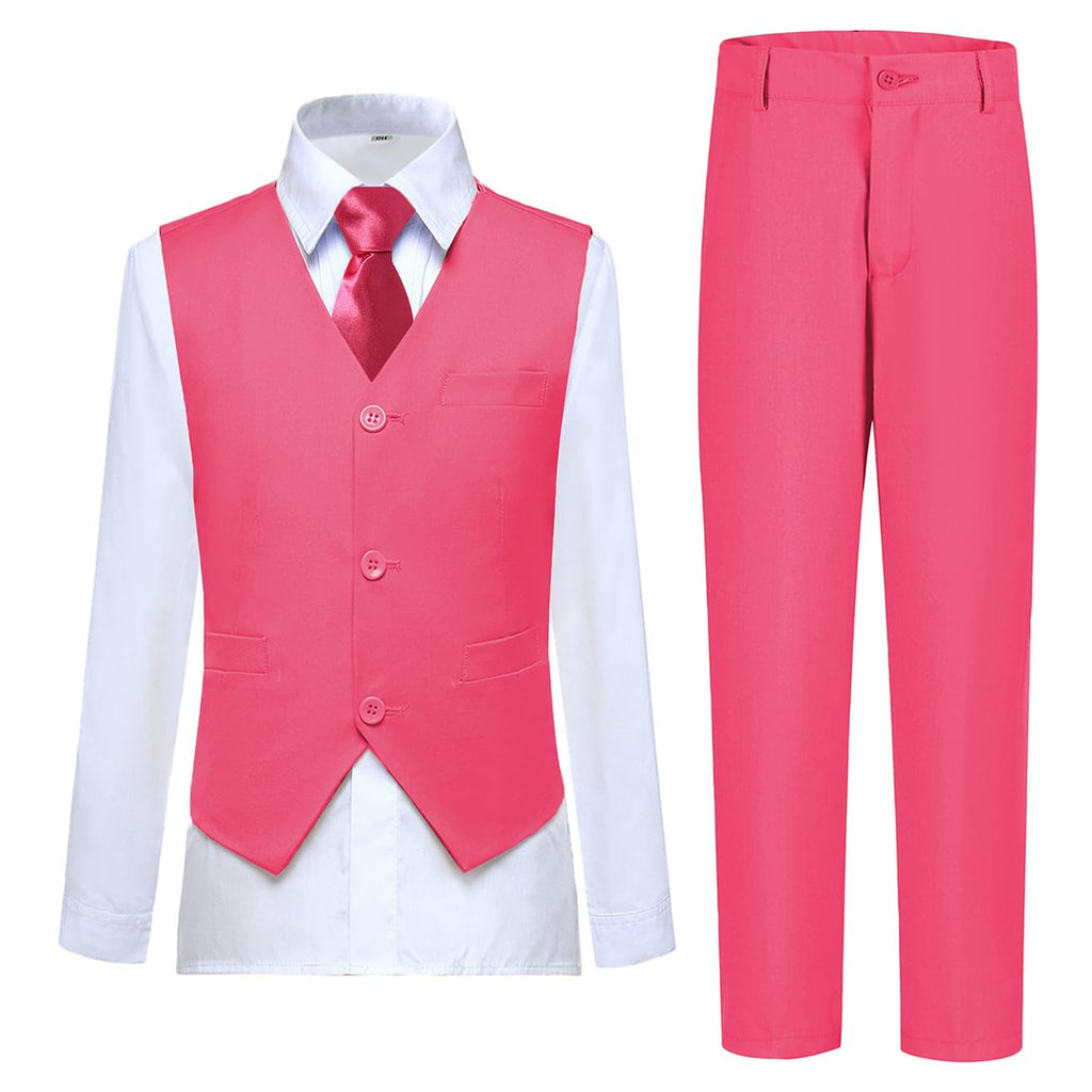 Lycody Boys Suit Vest Set Formal Dress Suits Wedding Outfit, Hot Pink, 5T