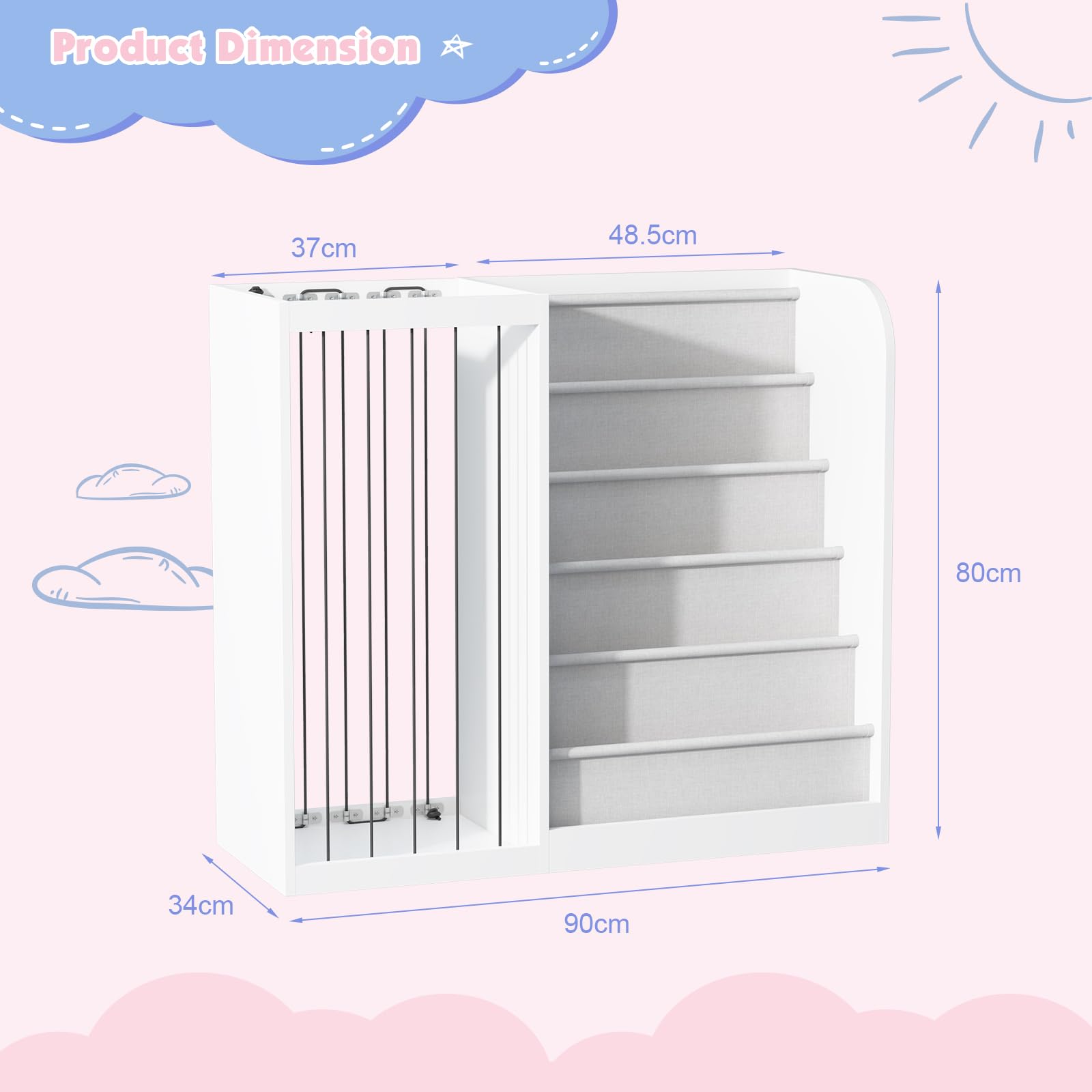 HedoAjim White Kids Bookshelf & Stuffed Animal Net Holder Plush Toy Storage Organizer Child Bookcase Toddler Baby Sling Book Rack for Playroom Bedroom Nursery Infant Boys Girls Classroom