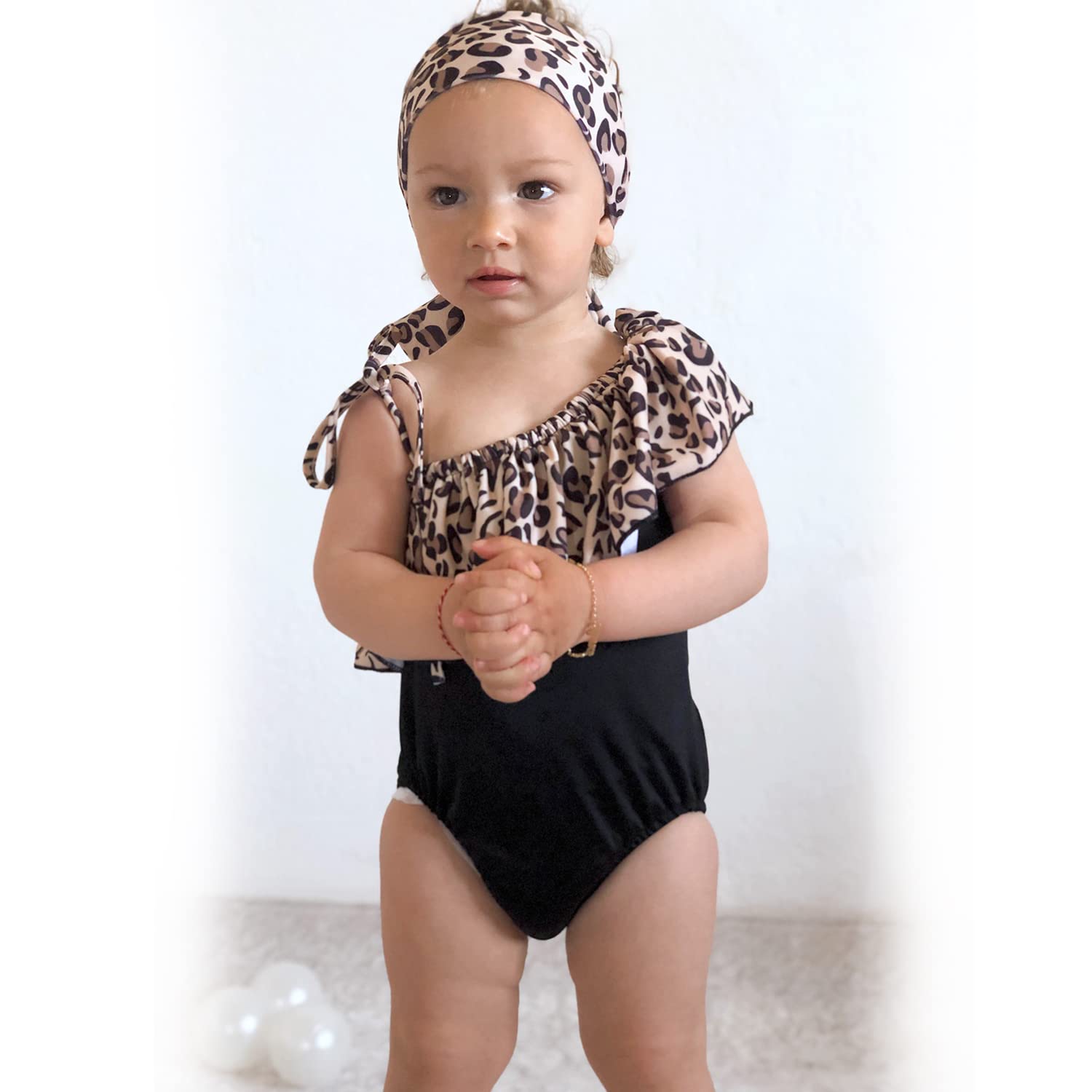 Toddler Infant Baby Girls One Piece Swimsuits Swimming Suit Leopard Cheetah Off Shoulder Swimwear Beach Bathing Suit 18-24 Months