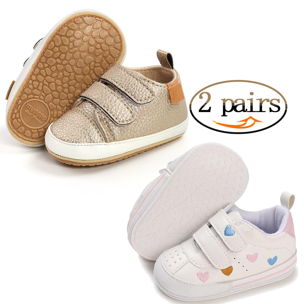 eitwo 2Pairs Baby Shoes,Boys Girls Non-Slip Rubber Sole Sneakers,Unisex Infant Soft Lightweight First Walking Crib Shoes (2Pairs_Heart+Gold,3-6 Months)