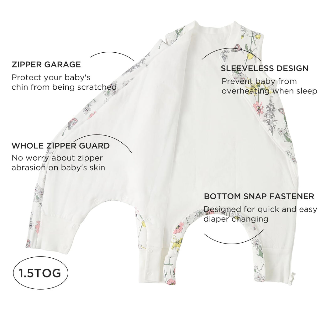 Duomiaomiao 1.5 TOG Toddler Sleep Bag 24-36 Months 102% Cotton Four Season Side Open Zipper Baby Sleep Sack with Feet, Breathable Toddler Wearable Blanket