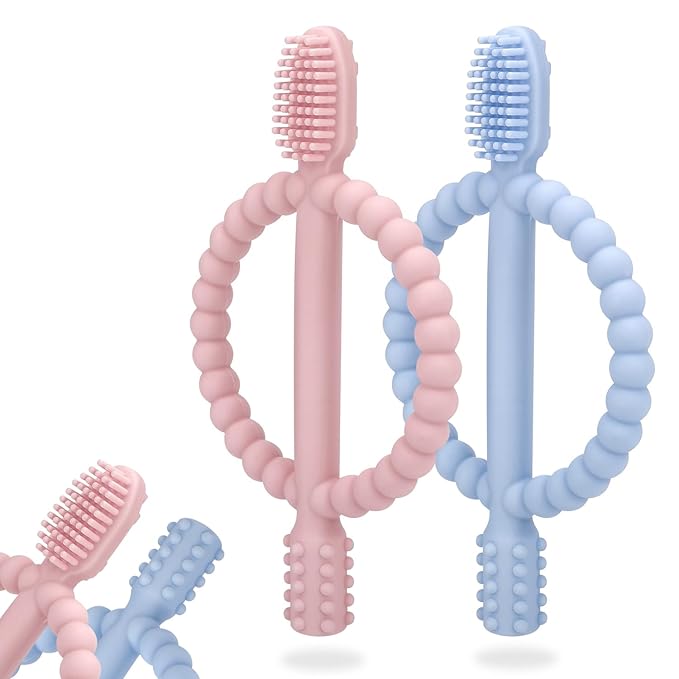 Baby Teething Toys with Easy-Hold Handle, Silicone Infant Toothbrush, Textured On Both Sides Helps Massage, Soothe Sore Gums, Teething Toys for Babies 0-6 Months, 6-12 Months