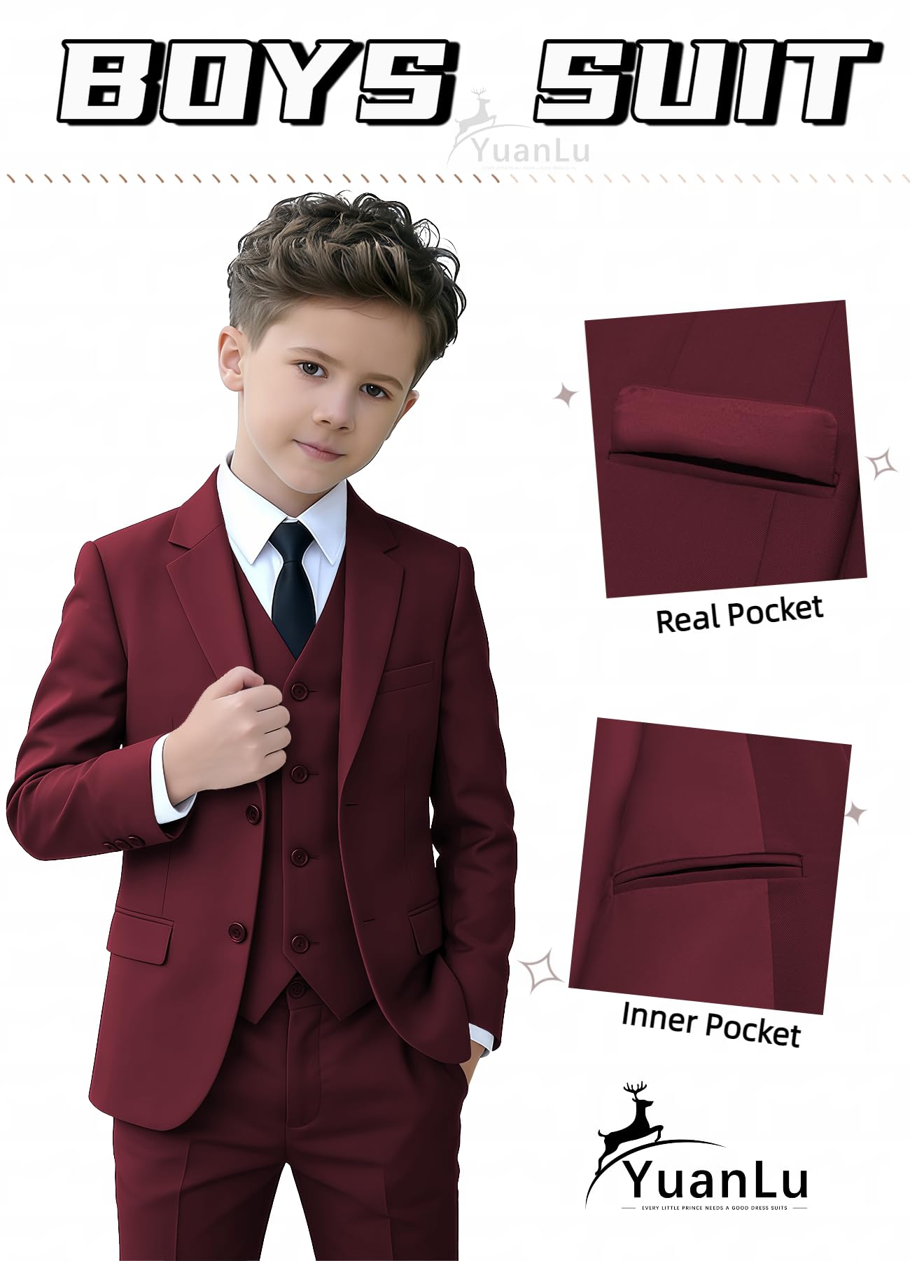 YuanLu Boys Tuxedo Kids Burgundy Slim Fit Oufit for Yong Men Suits Size 14