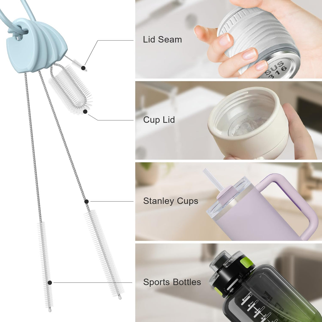 YOTIME 4in1 Straw Cleaner Brush Set, Reusable Standing Straw Brushs with Holder Ring, for Wide and Narrow Straws, Tumblers, Water Bottles and Cups, Blue
