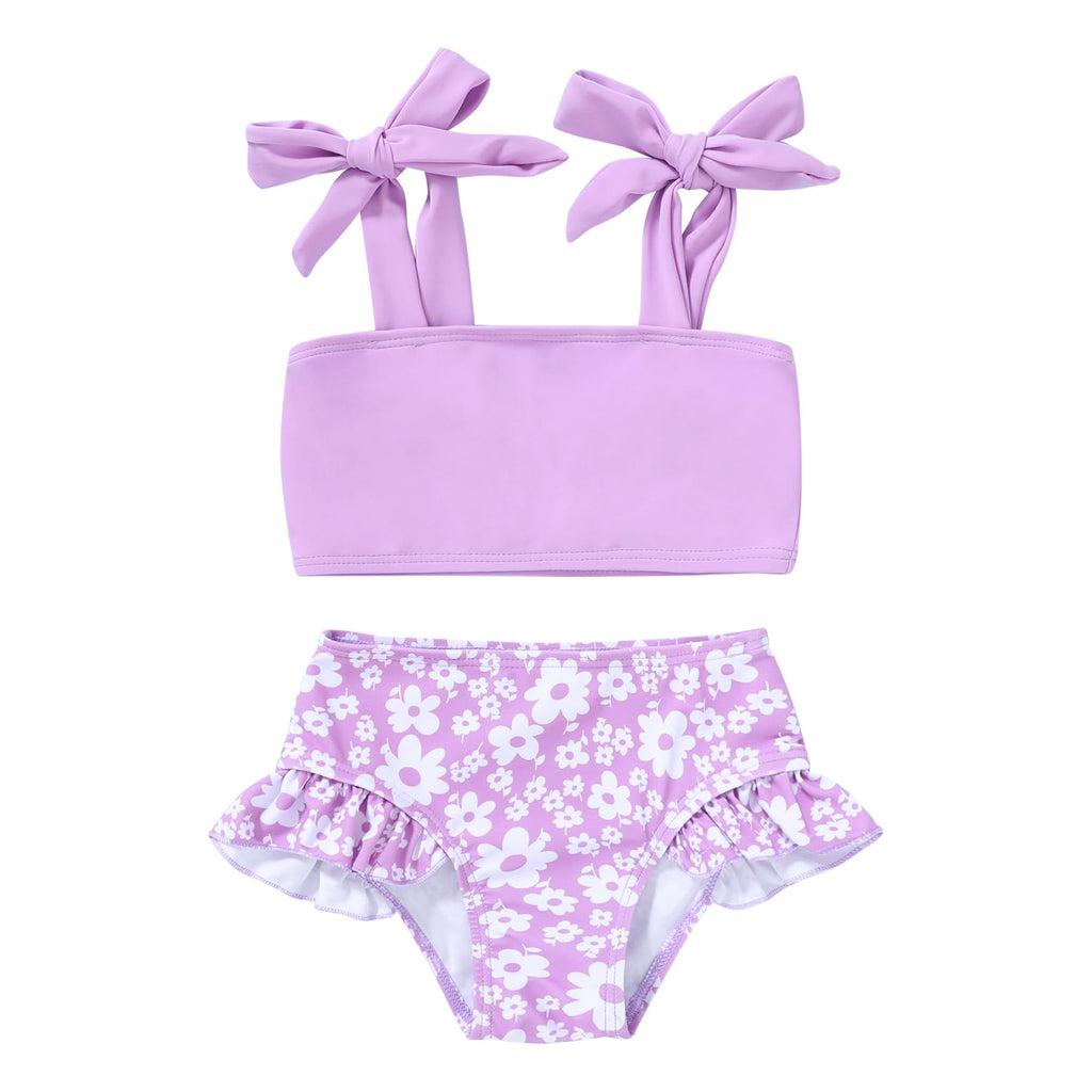 YOUNGER TREE Toddler Girls Two Pieces Swimsuit Color Block Stripe Swimwear Summer Beach Bathing Suit 18M-5T（Purple#Flower 7-8T）