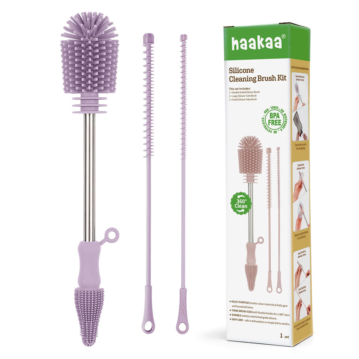 haakaa Silicone Cleaning Brush Kit - SUVA Grey - Bottle Brush for Breast Pumps, Breast Milk Collector, Baby Bottles, Nipples, Breastmilk Storage Bags