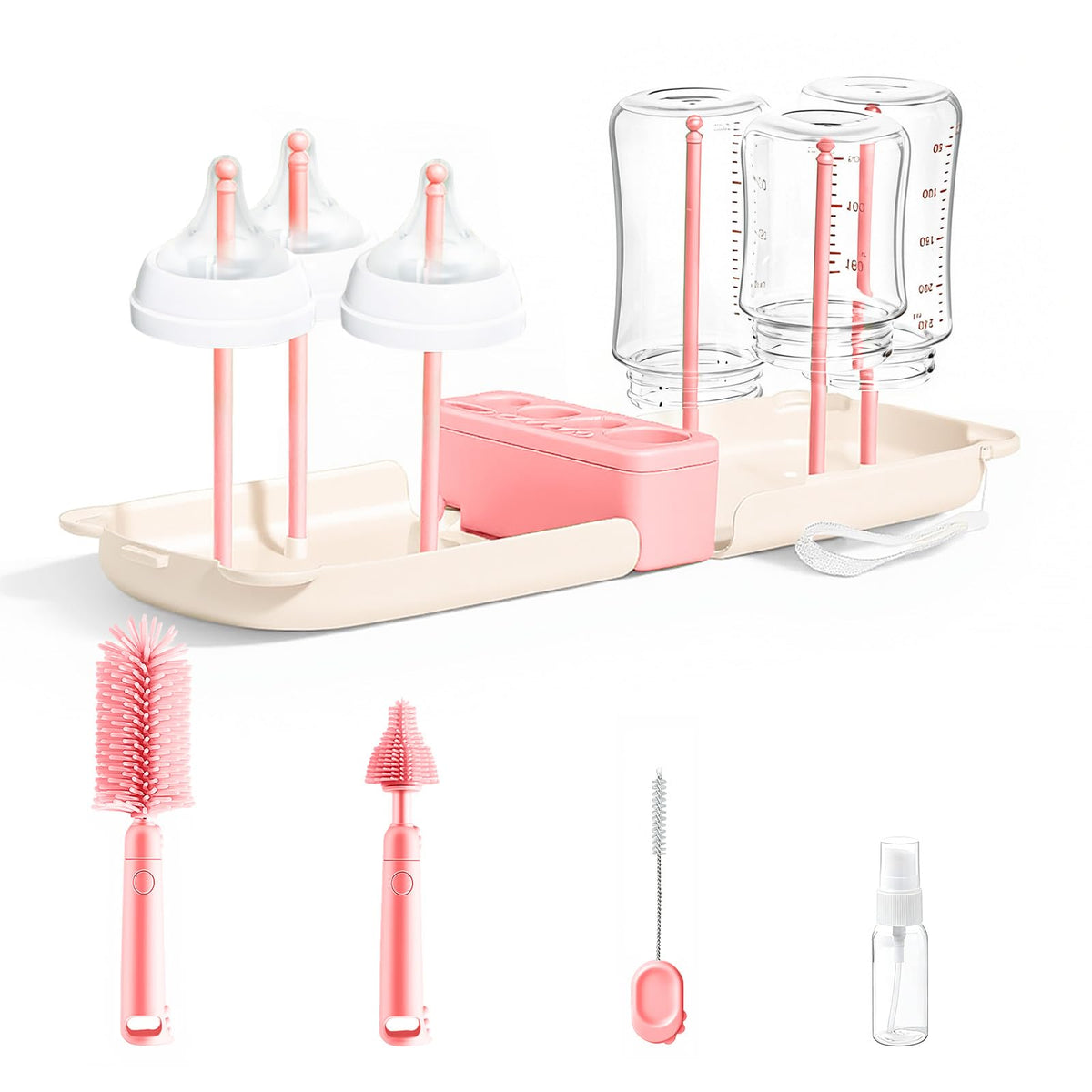 Travel Bottle Washing Kit with Storage Case, 7-in-1 Baby Travel Bottle Cleaner Kit for Travel and Home, All-in-One Baby Bottle Brush Set with Drying Rack for Bottles and Breast Pump Parts (Blue)