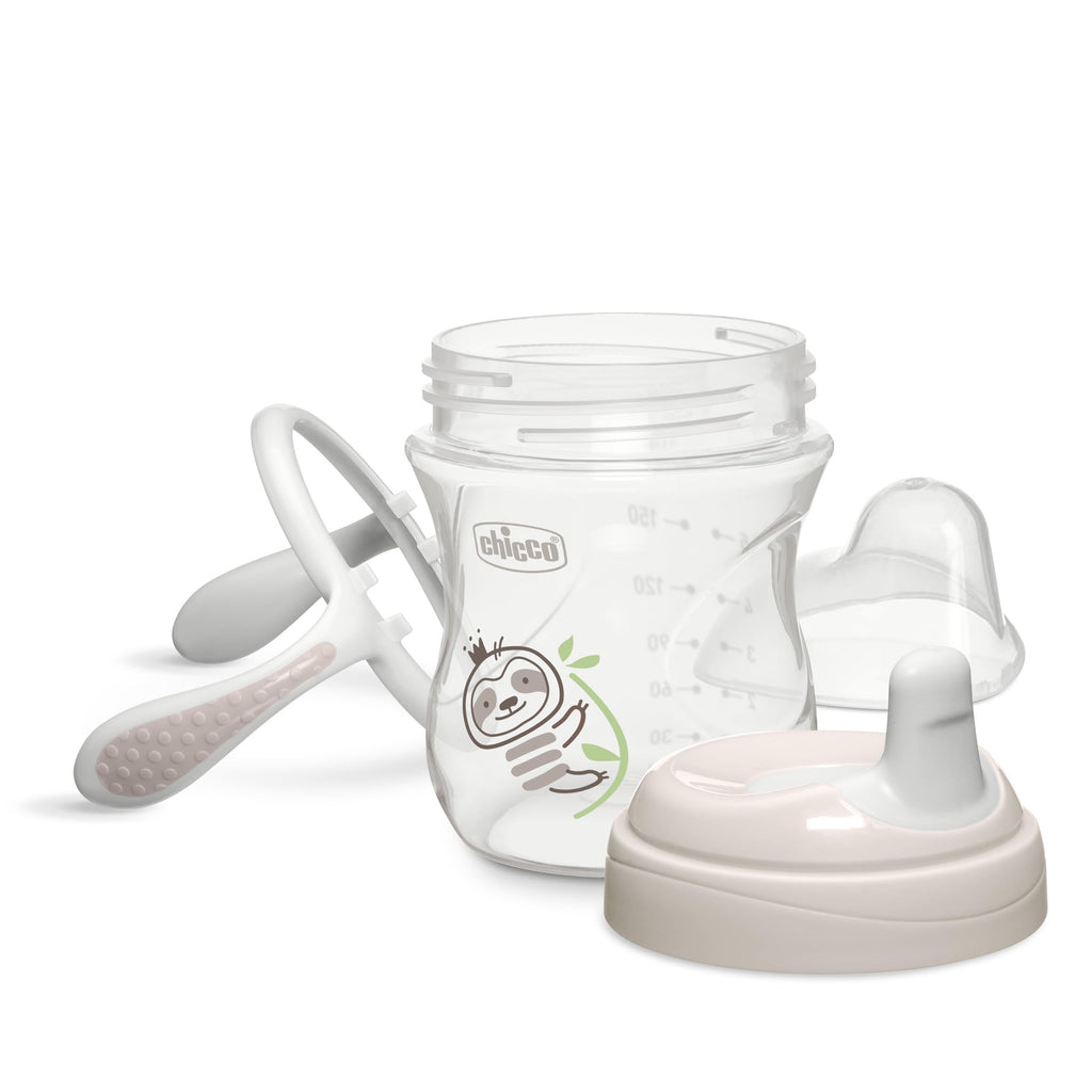 Chicco Trainer Sippy Cup 6+ Months, 7oz Baby Training Cup with Bite-Resistance Semi-Soft Spout, Easy Grip Removable Handles, Measurement Markings, BPA-Free, Grey