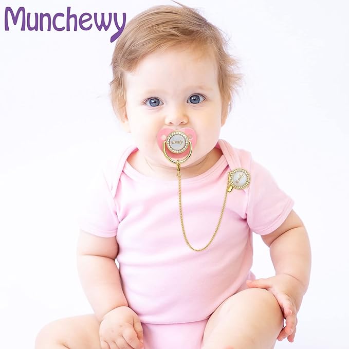 Personalized Pacifier with Name, Bling Gold Pacifier Clip Set with Gift Box Greeting Card, Glitter Crystal Luxurious Soother Dummy Ideal Gift for Boys Baby Shower Newborn Photography(Gold)