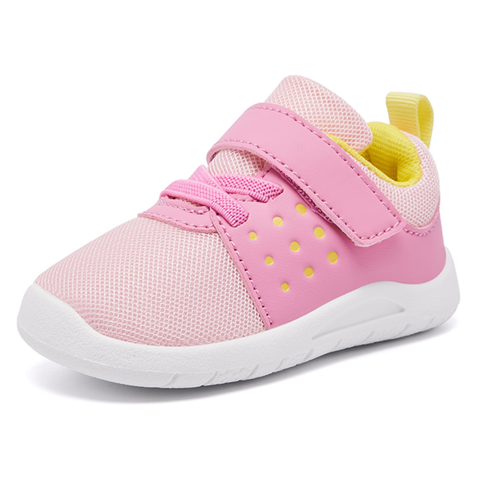 MORENDL Toddler Baby Shoes 0-4 Years Boy Girl Lightweight Breathable Non-Slip Sports Sneakers Running Walking Tennis Barefoot Shoes Pink Yellow 12-15Months
