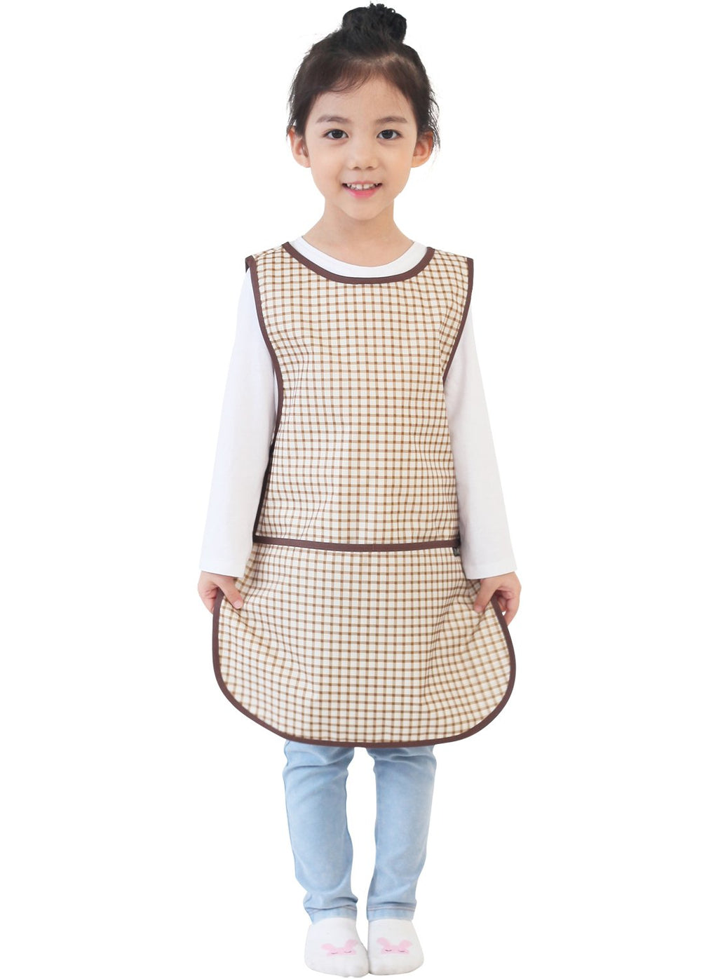 Plie Kids Painting Apron – Waterproof Art Smock for Toddlers & Preschoolers, Messy Play, Baking, Crafts, Cooking, Sensory Activities, Mealtime (Ages 1–10), Brown Check (18-M)
