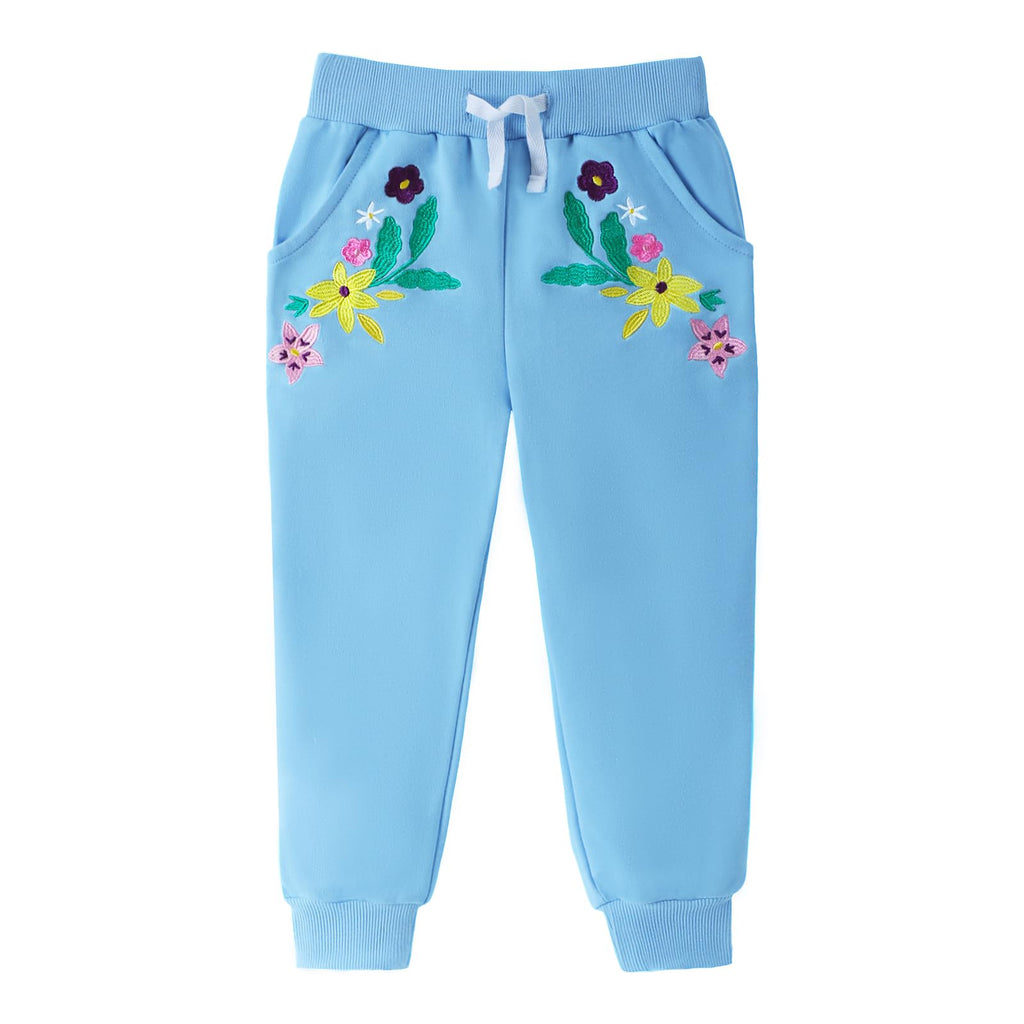 HILEELANG Baby Girls Cotton Joggers Sweatpants Floral Embroidery Drawstring Waist and Pockets-Pink Blue Casual Athletic Pants for Kids 18M