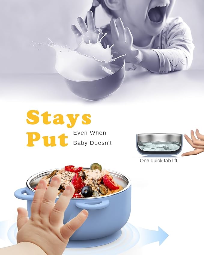 Toddler Feeding Suction Bowls and Utensils Set, 2-in-1 Stainless Steel 304 Kids Bowl & Silicone Suction Baby Bowl with Spoons and Forks, First Self-feeding Training Set, Sunrise Meadow