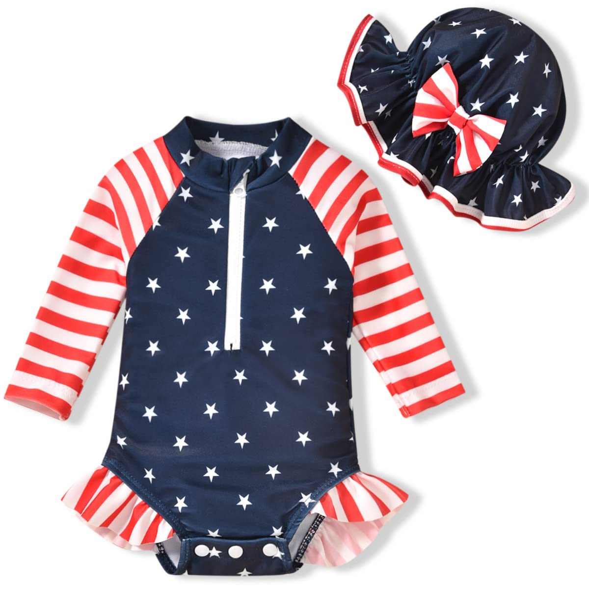 Aalizzwell Newborn Infant Baby Girls One Piece Long Sleeve 4th of July Swimsuit American Flag Bathing Suit Zip Up Independence Day Swimwear Beach Wear NB