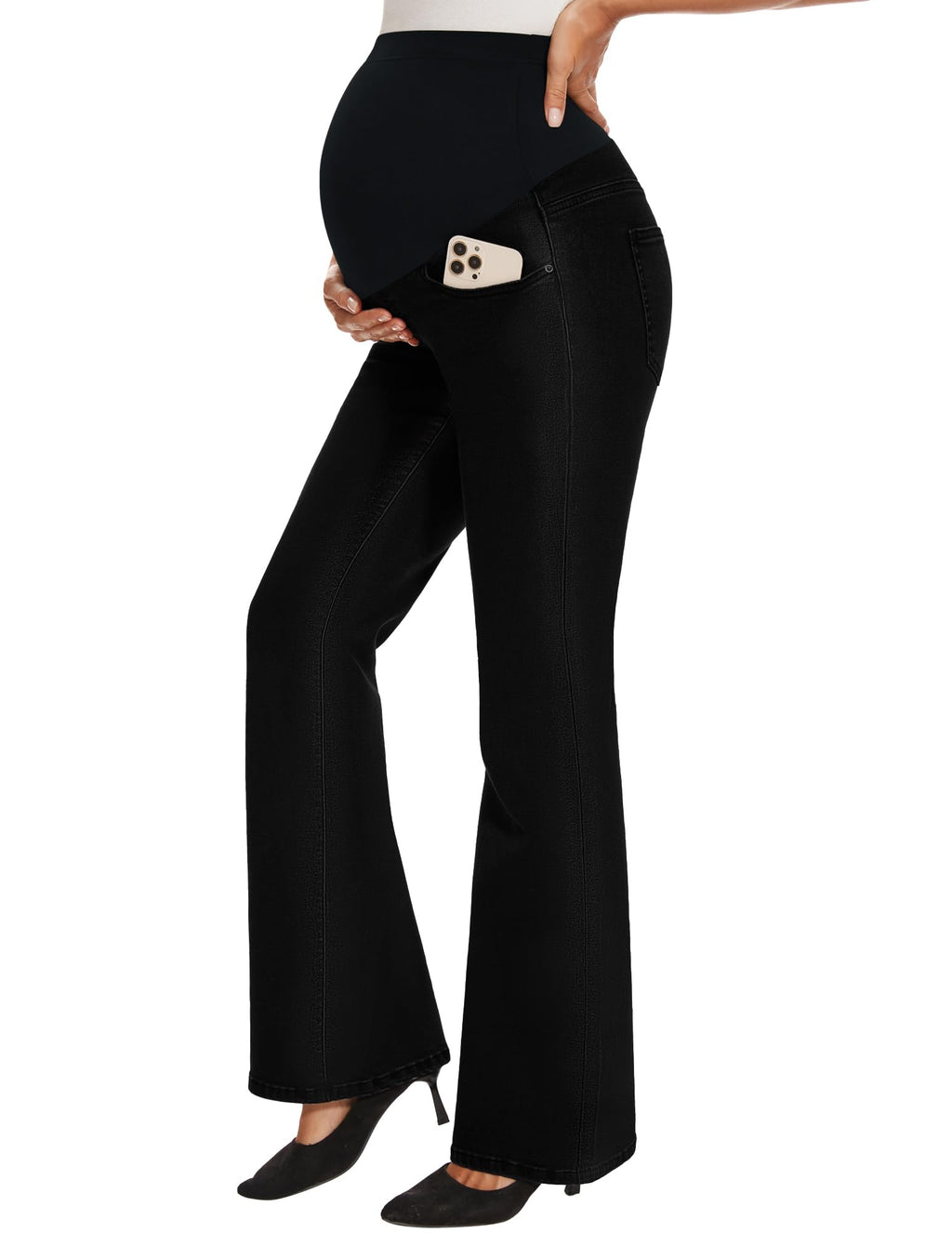 GLAMIX Women's Stretch Maternity Bootcut Jeans with Pockets Over The Belly Bell Bottoms Flare Denim Pants Pregnancy Clothes(Solid Black, XXL)