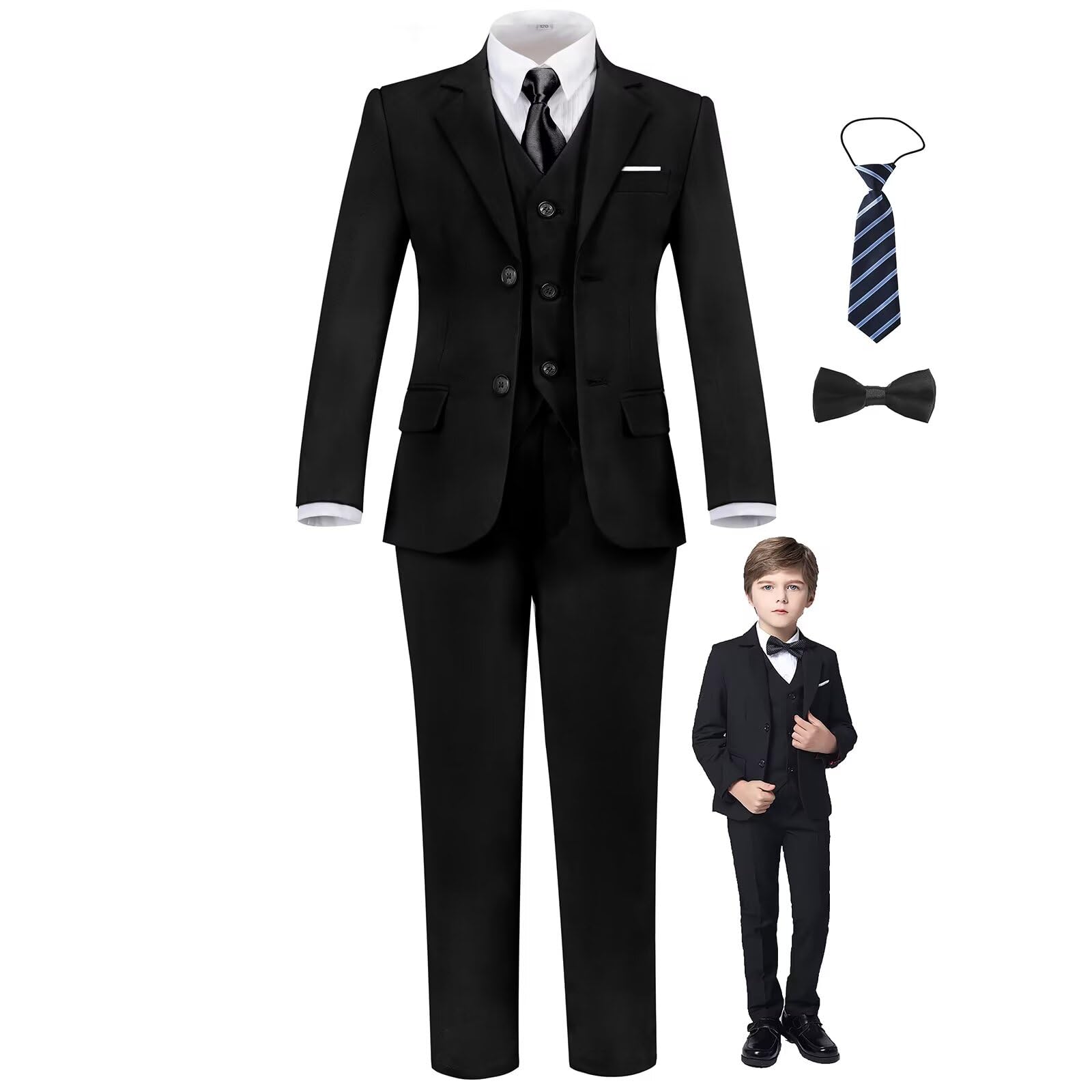 Boys Suit Slim Fit Outfit Suits Kids 6 Piece Jacket Vest Pants Black 6