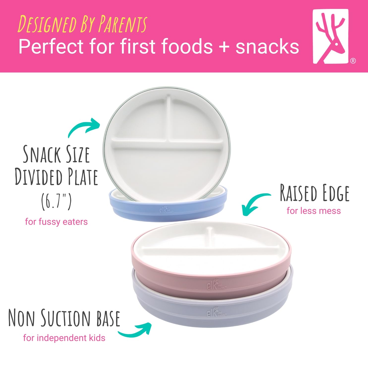 Elk and Friends Kids 6.7” Porcelain Divided Plates with Silicone Sleeves | Suitable for Babies/Kids/Toddlers | Microwave & Dishwasher Safe | Non Slip | Snack Dishes