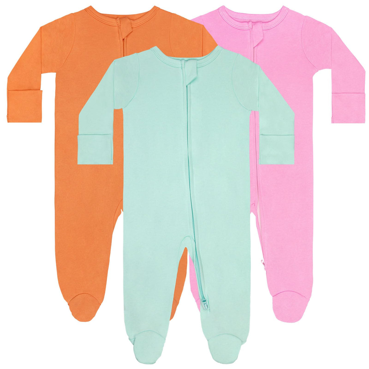 GUISBY Long Sleeve Baby Footed Pajamas with Mittens Cotton Sleepers with Zipper 3-Pack Orange+Dark Pink+Light Green 9-12 Months