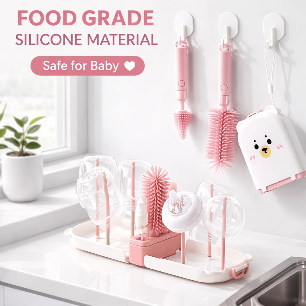 Travel Bottle Cleaner kit, 7in1 Baby Travel Gear Essential Silicone Travel Bottle Brush Set Nipple Drying Rack, Straw Breast Pump Cleaning Soap Dispenser Organizer Case Mon Gift (Pink)