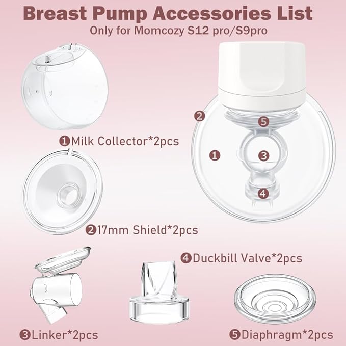 Two Full Milk Collector Cup Sets with 17mm Flange Compatible with Momcozy S12 Pro/S9 Pro Breast Pump, NOT for S9/S12, Replacement Pump Parts with Duckbill Valve, Flange, Diaphragm, Linker, Collector