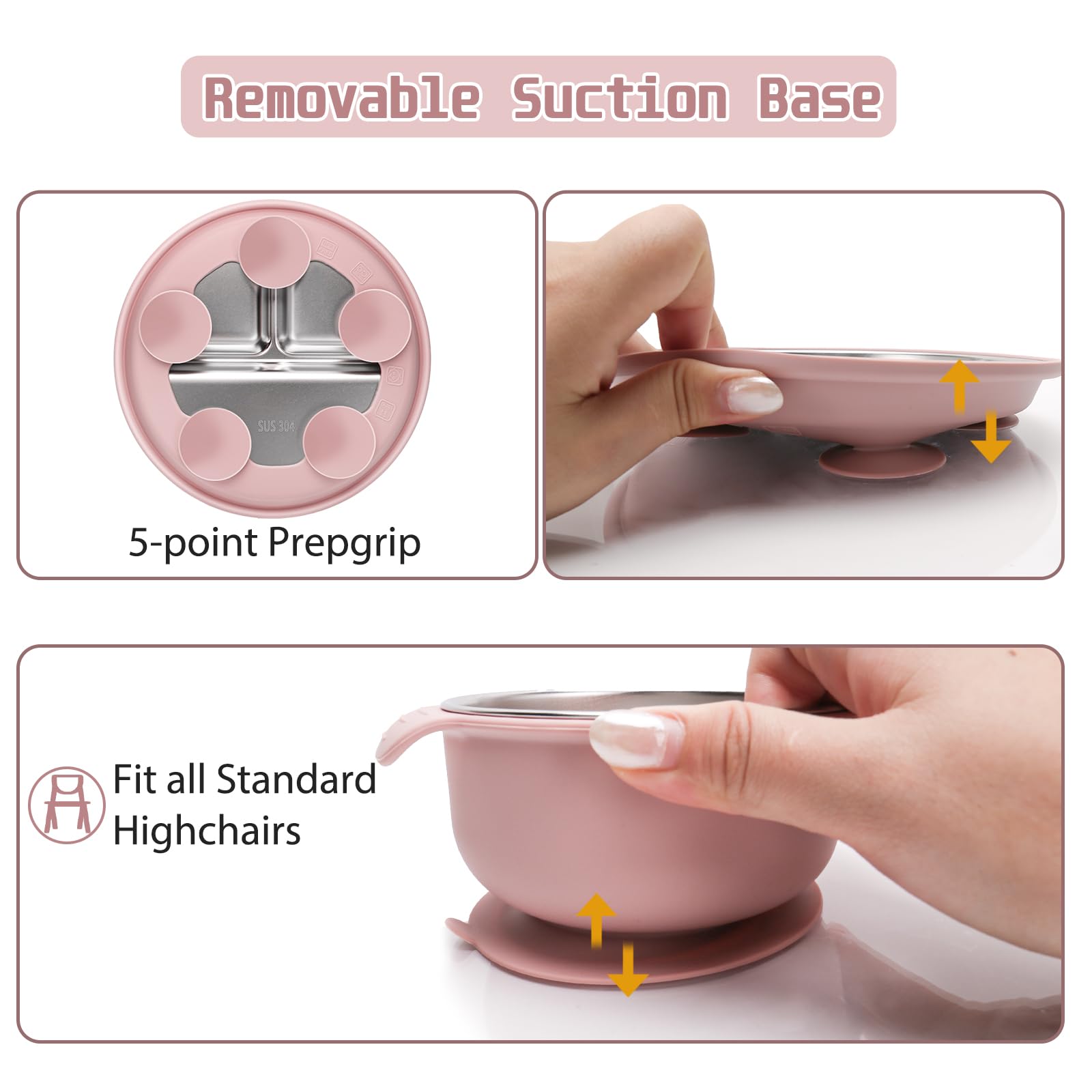 MISSLILI Stainless Steel Kids Plates and Bowls Set with Suction - (Pink)