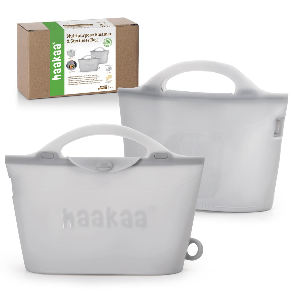 Haakaa Silicone Travel Microwave Steamer & Steriliser Bag, 30oz/900ml Reusable Silicone Steaming Bags for Baby Small Items, Pacifiers, Teethers or Baby Cups, Great for Home and On-The-Go, Grey/1PC