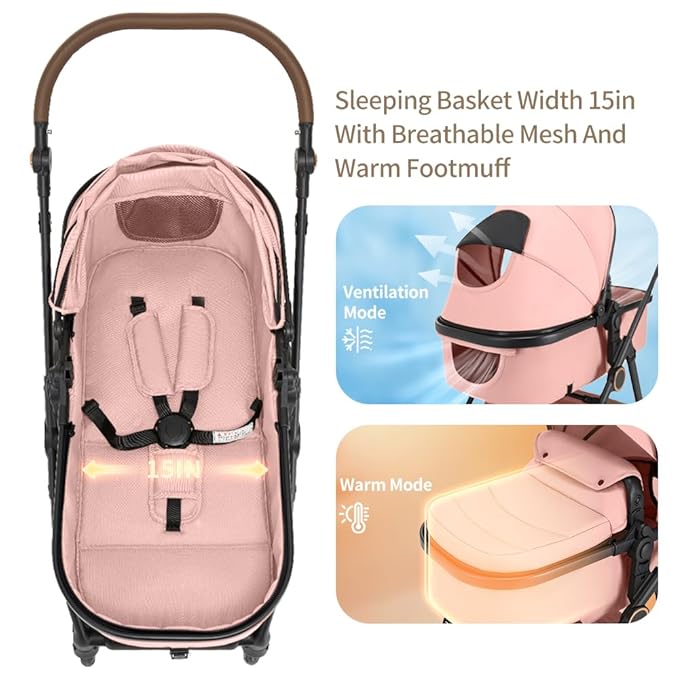 2 in 1 Baby Stroller, High Landscape Infant Stroller Pram Foldable Pushchair with Adjustable Canopy, Storage Basket, Suspension Wheels,5-Point Harness,Mom Bags (Black)