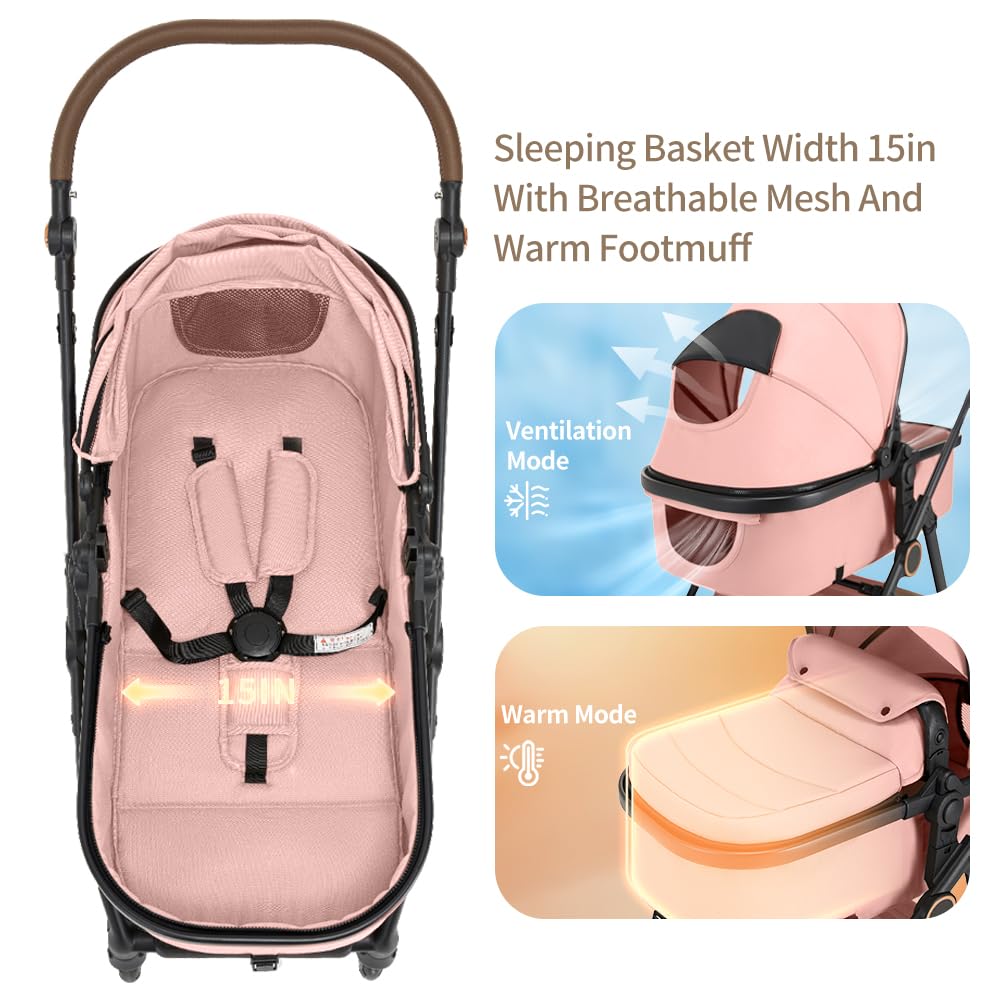 2 in 1 Baby Stroller, High Landscape Infant Stroller Pram Foldable Pushchair with Adjustable Canopy, Storage Basket, Suspension Wheels,5-Point Harness,Mom Bags (Pink)