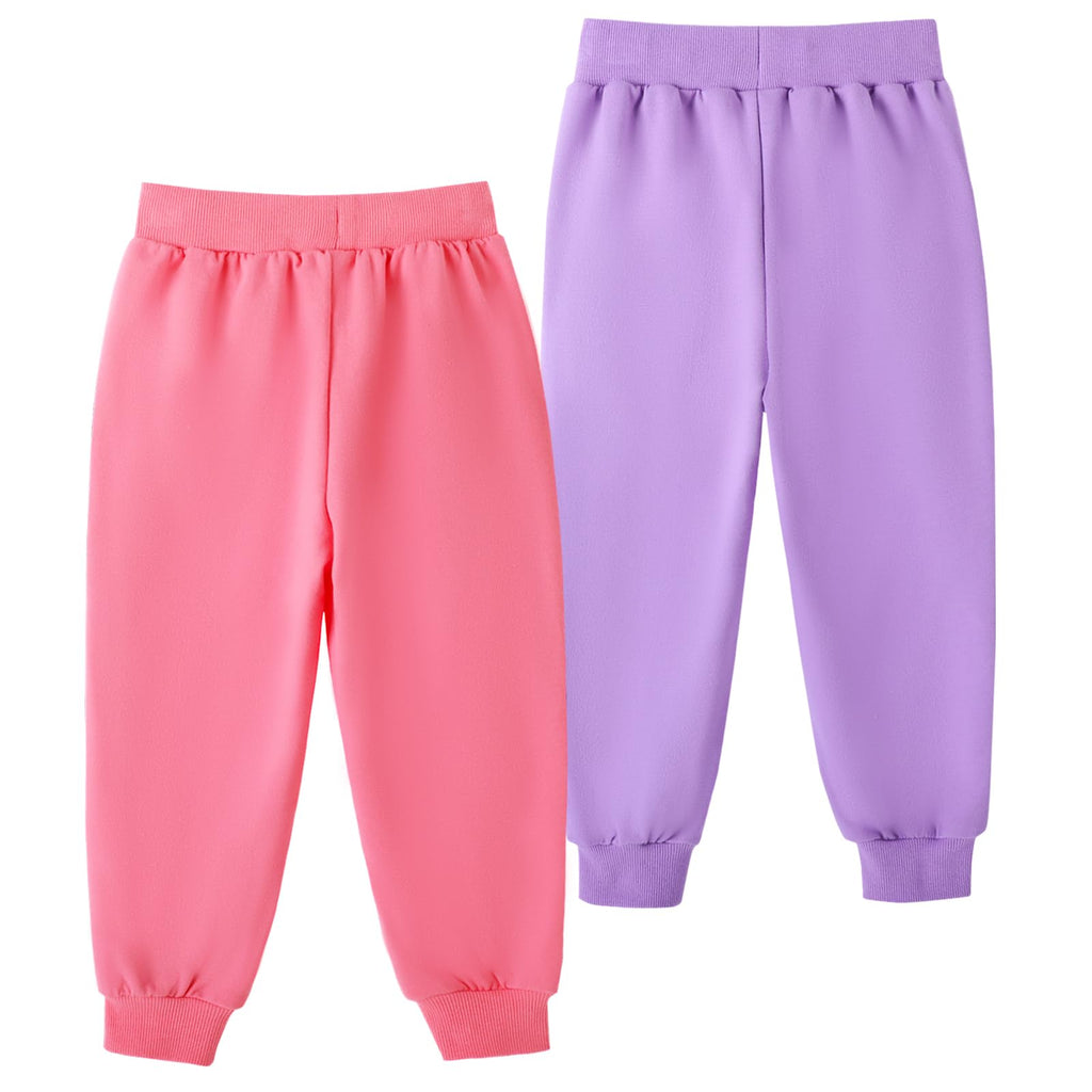 HILEELANG Baby Girls Cotton Joggers Sweatpants Animal Embroidery Drawstring Waist and Pockets-Pink Purple Casual Athletic Pants for Kids 18M